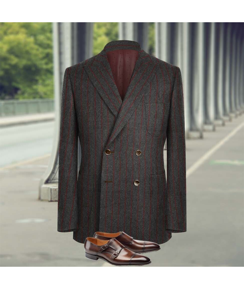 veste croisée gris rayures rouge