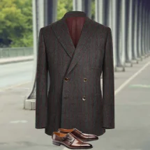 veste croisée gris rayures rouge | Costume Privé Paris