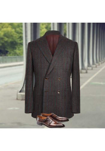 veste croisée gris rayures rouge