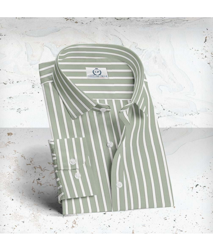 Chemise vert olive à rayures blanches - Style élégant pour hommes.