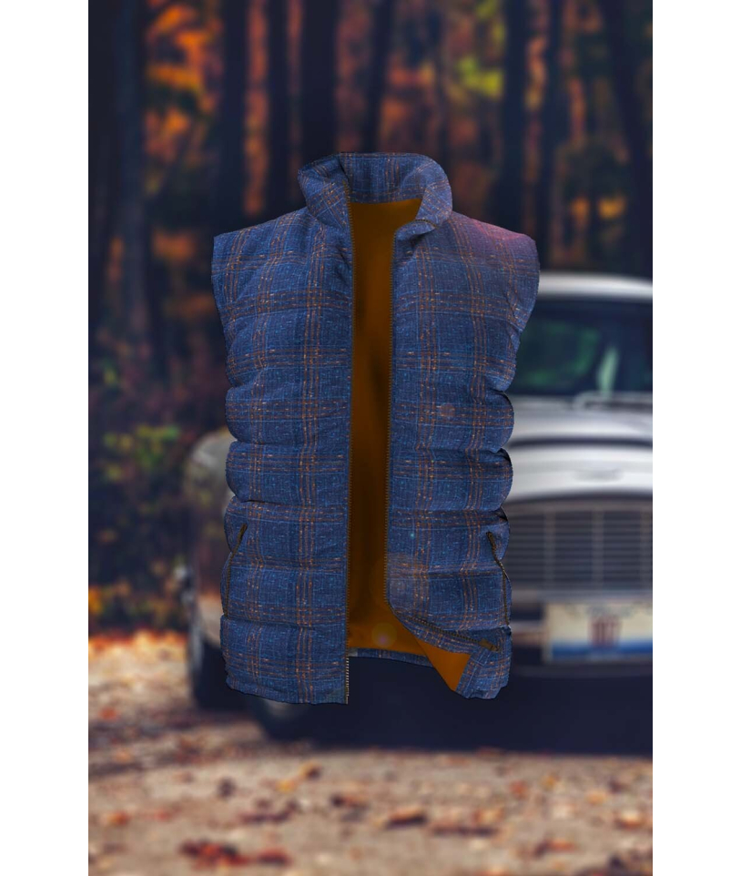 Doudoune bleu carreaux orange