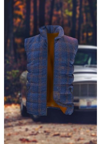 Doudoune bleu carreaux orange