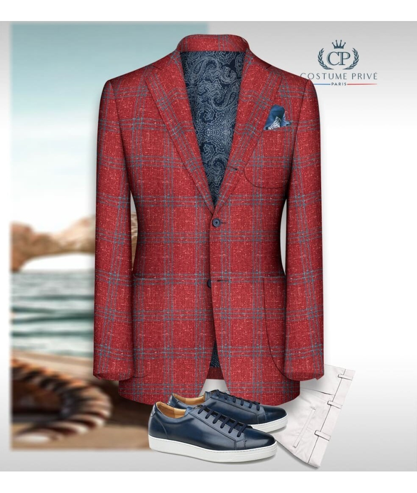 Blazer rouge carreaux bleu