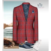 Blazer rouge carreaux bleu printemps-été | Costume Privé Paris