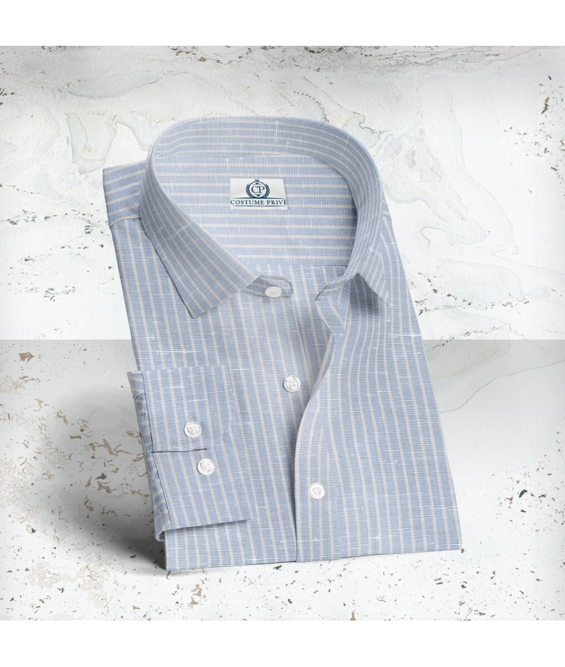 Chemise bleu Lin rayures blanches