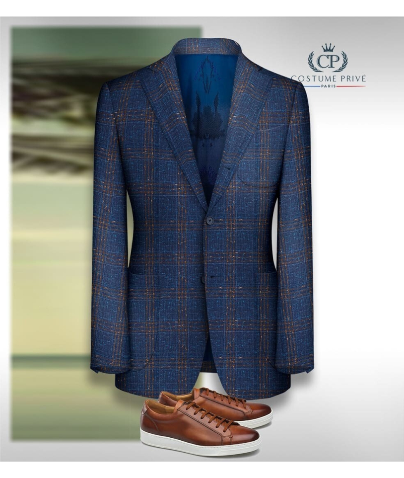 Blazer Bleu Carreaux Orange – Marque Premium – Tweed