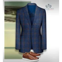 Blazer Bleu carreaux orange Tweed — sur mesure — Costume Privé Paris