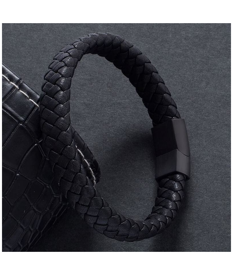 Bracelet Tressé en Cuir Noir - Élégance et Style Authe...