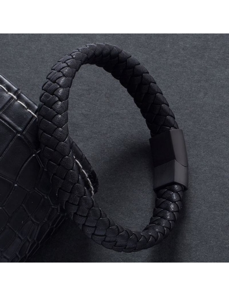 Bracelet Tressé en Cuir Noir - Élégance et Style Authe...