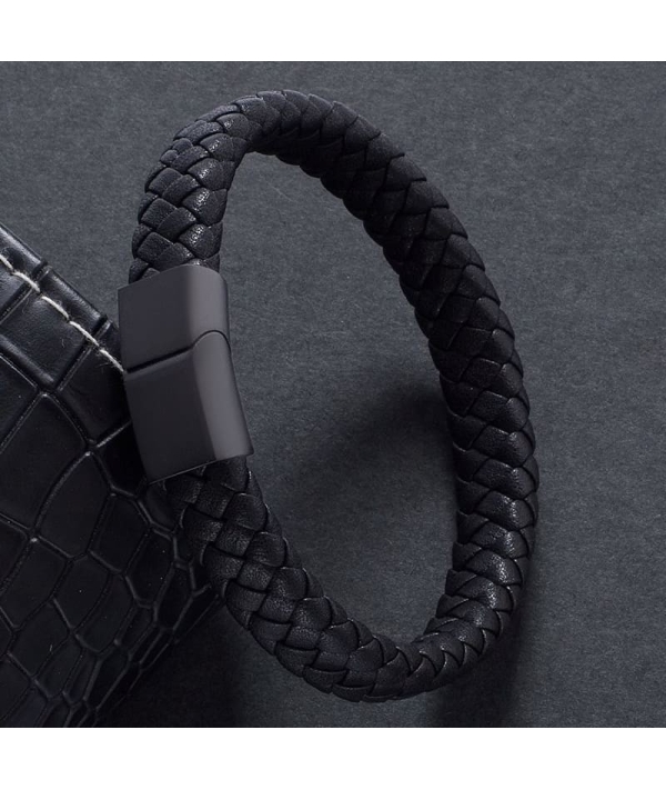 Bracelet Tressé en Cuir Noir - Élégance et Style Authe...
