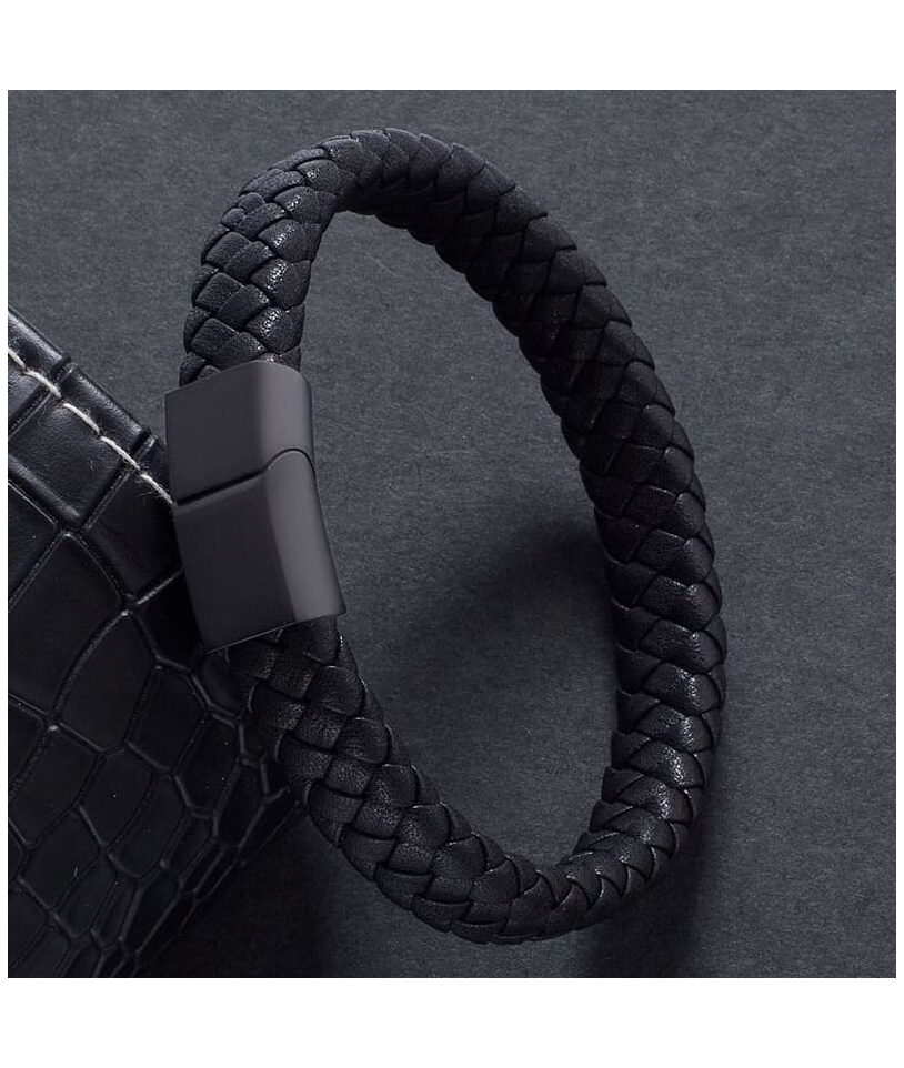 Bracelet Tressé en Cuir Noir - Élégance et Style Authe...