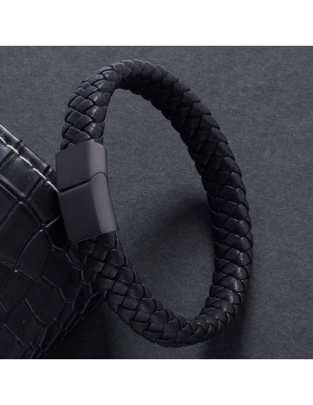 Bracelet Tressé en Cuir Noir - Élégance et Style Authe...
