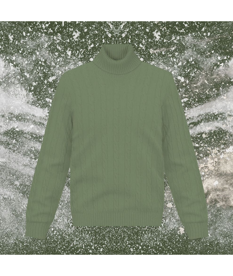 Pull col roulé torsade vert kaki