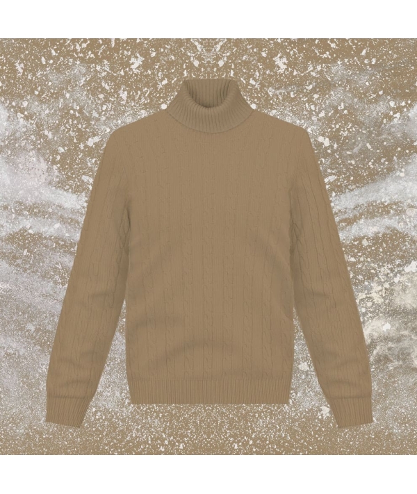 Pull col roulé torsade marron clair