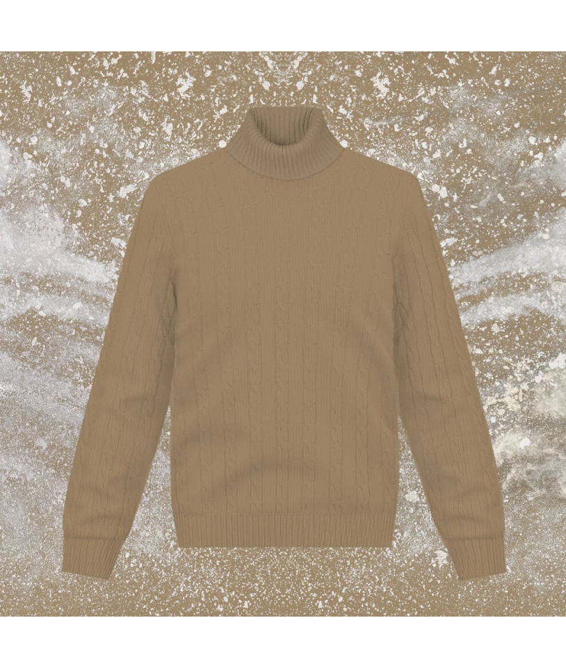 Pull col roulé torsade marron clair