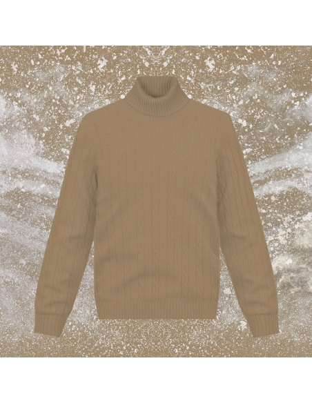 Pull col roulé torsade marron clair