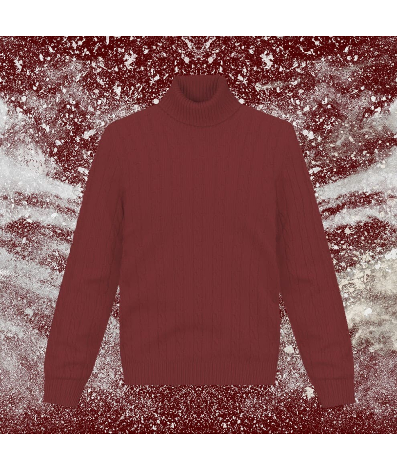 Pull col roulé torsade bordeaux