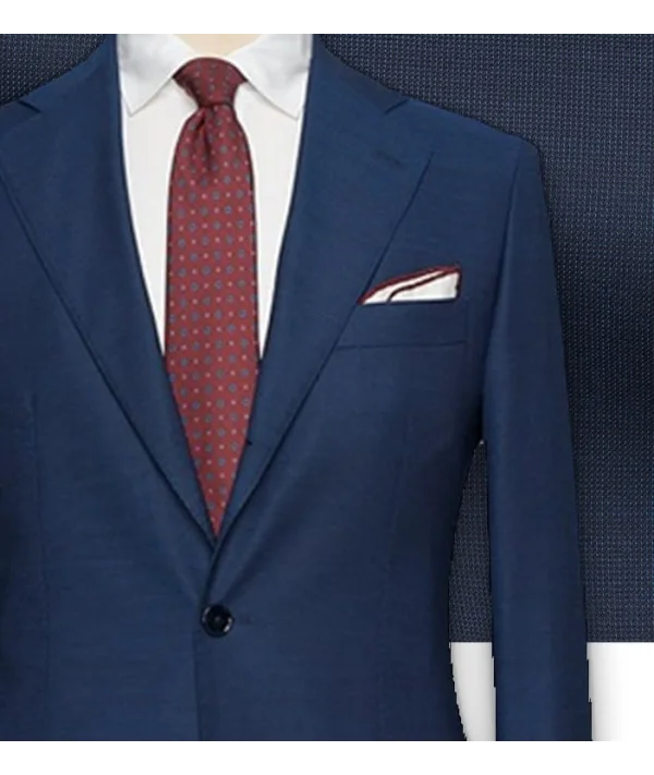 Costume Bleu faux-uni — détail tissu et finition sur mesure