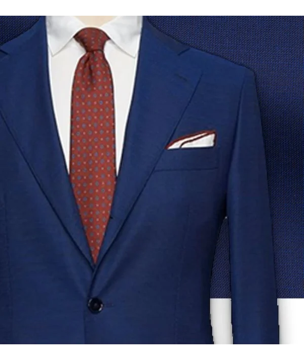 Costume Bleu intense faux-uni — détail tissu et finition sur mesure