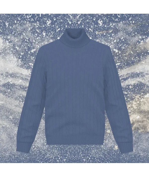 Pull col roulé torsade bleu moyen | Costume Privé Paris