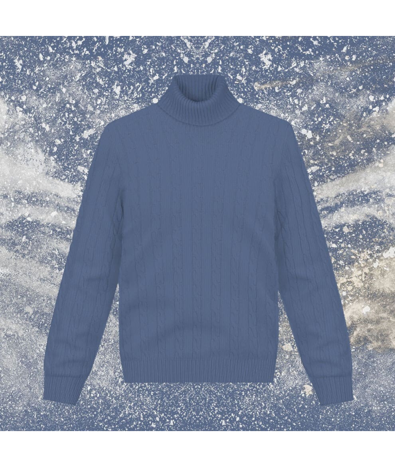 Pull col roulé torsade bleu moyen