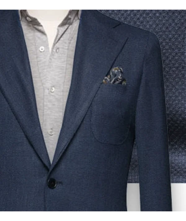 Blazer Bleu nuit natté laine & cachemire — détail tissu et finition sur mesure