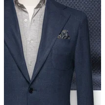 Blazer Bleu nuit natté laine & cachemire — détail tissu et finition sur mesure