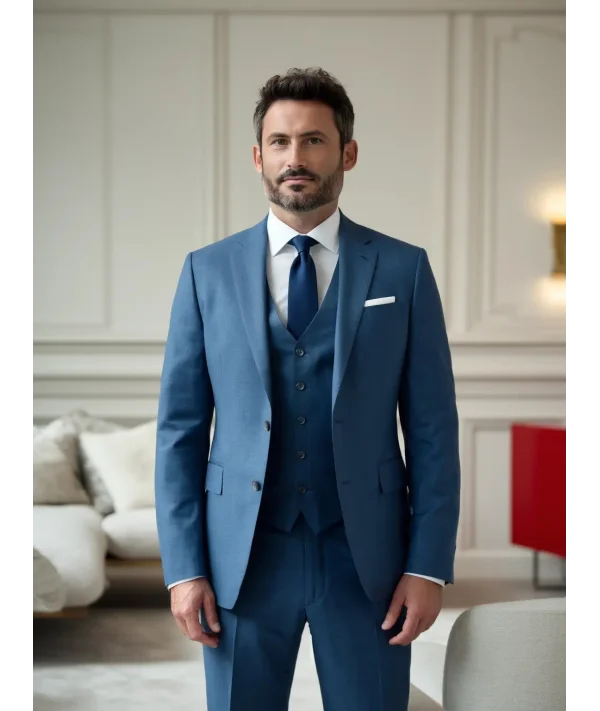 Costume Bleu indigo 3 pièces — détail tissu et finition sur mesure