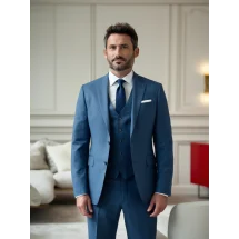Costume Bleu indigo 3 pièces — détail tissu et finition sur mesure