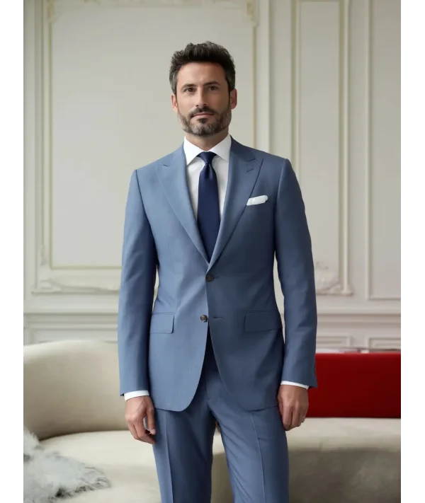 Costume bleu moyen Australis — détail tissu et finition sur mesure