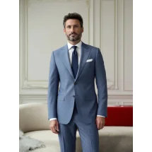 Costume bleu moyen Australis — détail tissu et finition sur mesure