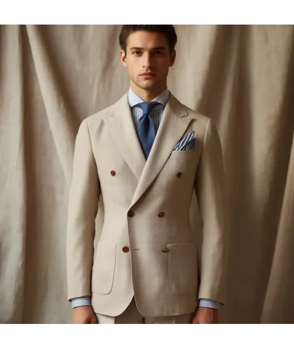 Blazer Beige Sable Croisé — détail tissu et finition sur mesure
