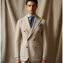 Blazer Beige Sable Croisé — détail tissu et finition sur mesure