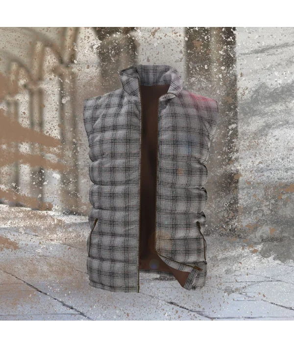 Doudoune sans manche gris carreaux marron | Costume Privé Paris