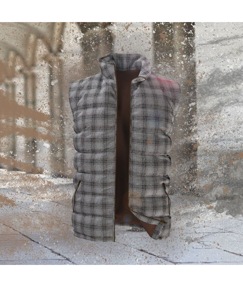 Doudoune sans manche gris carreaux marron