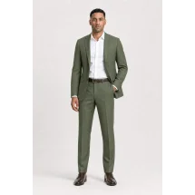 Costume mariage vert olive clair — porté décontracté veste ouverte