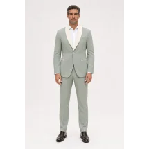 Smoking mariage vert eucalyptus — porté face — sur mesure — Costume Privé Paris