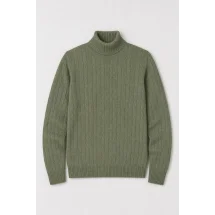 Pull col roulé torsade vert kaki — packshot ensemble