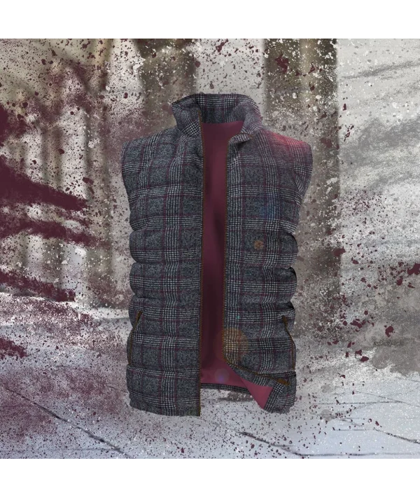 Doudoune sans manche gris carreaux violet | Costume Privé Paris