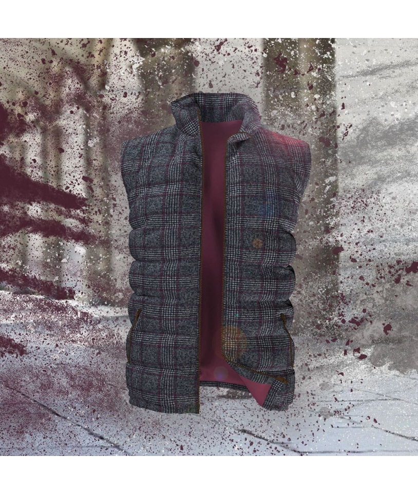 Doudoune sans manche gris carreaux violet