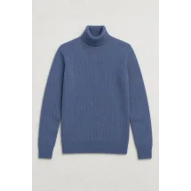 Pull col roulé torsade bleu moyen — packshot ensemble