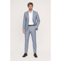 Veste bleu ciel large carreau marron automne — porté décontracté veste ouverte