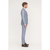 Veste bleu ciel large carreau marron automne — vue profil porté