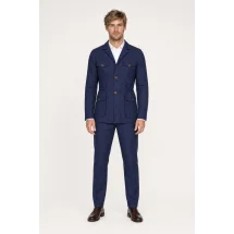 Veste saharienne lin bleu marine — porté face — sur mesure — Costume Privé Paris