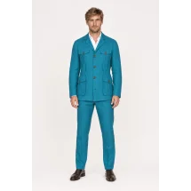 Veste saharienne lin bleu turquoise — porté face — sur mesure — Costume Privé Paris