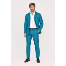 Veste saharienne lin bleu turquoise — porté décontracté veste ouverte