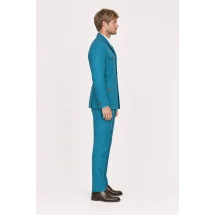 Veste saharienne lin bleu turquoise — vue profil porté