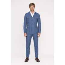 Veste saharienne lin bleu denim — porté face — sur mesure — Costume Privé Paris