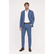 Veste saharienne lin bleu denim — porté décontracté veste ouverte
