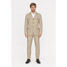 Veste saharienne lin beige sable — porté face — sur mesure — Costume Privé Paris